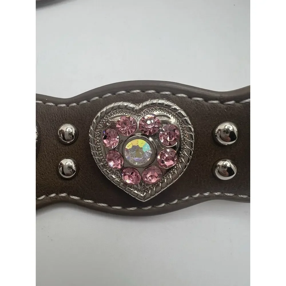 Nocona Girls Pink Rhinestone Hearts Western Belt Buckle Pink Brown Sz-24